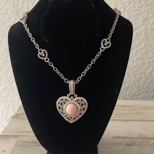 Stunning Judith Ripka Silver Heart Station Necklace with Pink Heart Enhancer.